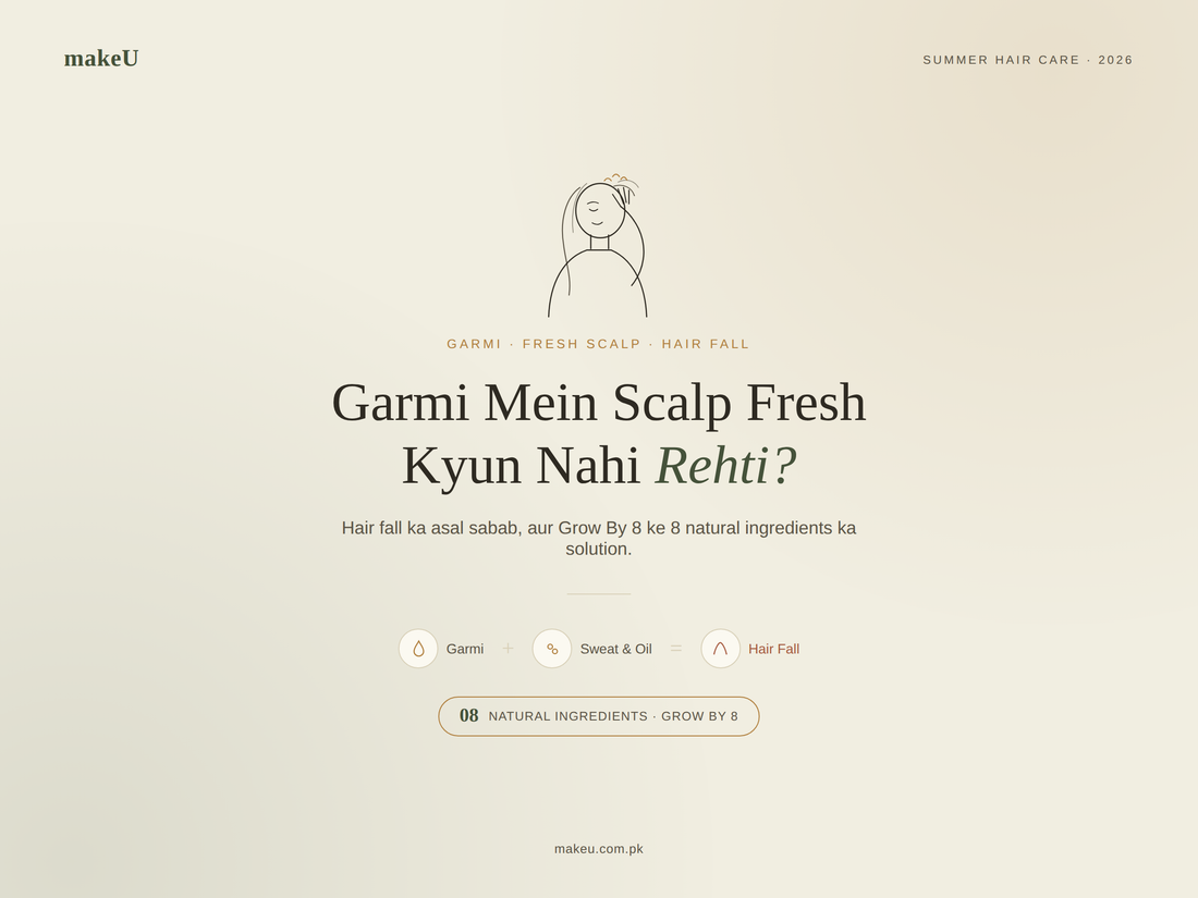 Garmi mein scalp fresh kyun nahi rehti hair fall ka asal sabab aur Grow By 8 organic shampoo ke 8 natural ingredients (Reetha, Snake Oil, Amla) ka solution, makeU Beauty & Skincare banner