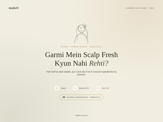 Garmi mein scalp fresh kyun nahi rehti hair fall ka asal sabab aur Grow By 8 organic shampoo ke 8 natural ingredients (Reetha, Snake Oil, Amla) ka solution, makeU Beauty & Skincare banner