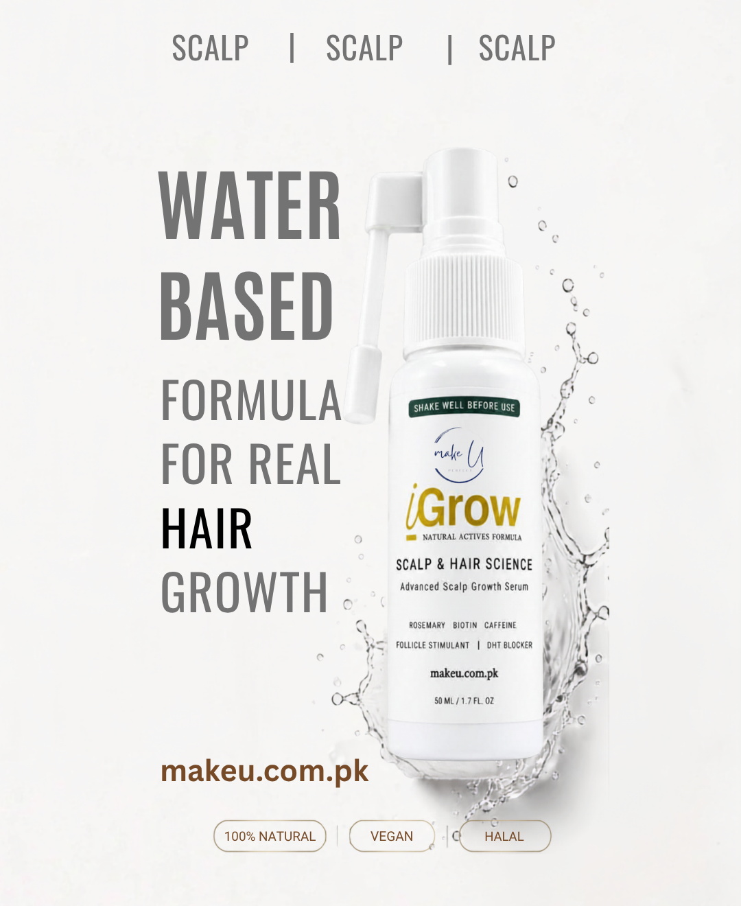A bottle of Scalp & Hair Growth serum by makeu.com.