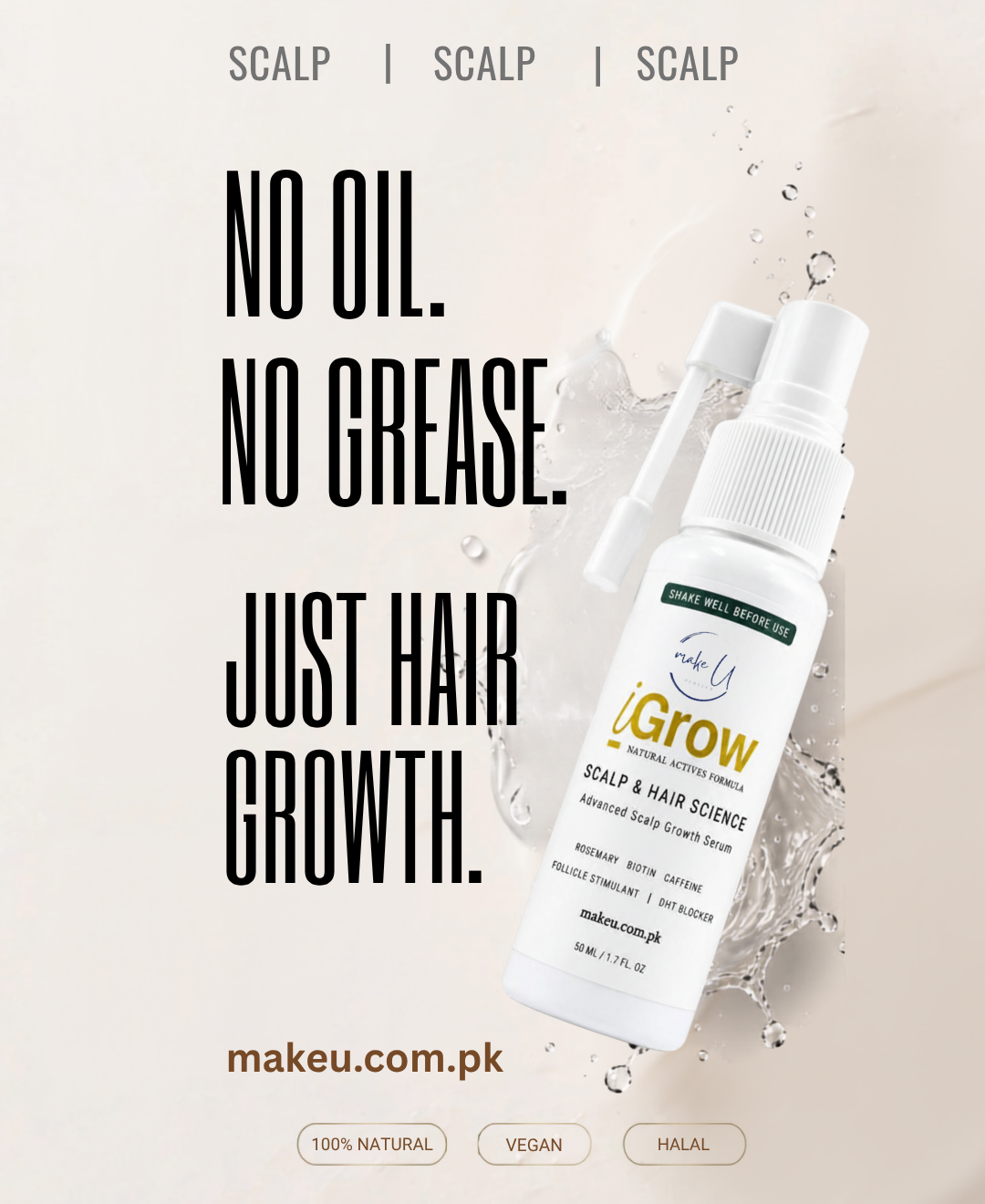 A promotional product graphic for a scalp and hair growth spray bottle. The bottle is white with green and yellow branding, shown alongside large text reading 'NO OIL.