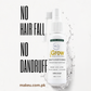 A bottle of Scalp & Hair Growth Serum, background with water splash graphics. Large black text reads 'NO HAIR FALL NO DANDRUFF' and the website makeu.com.pk.