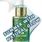 Green bottle with gold cap on a white background, featuring text about summer glow and natural effects.