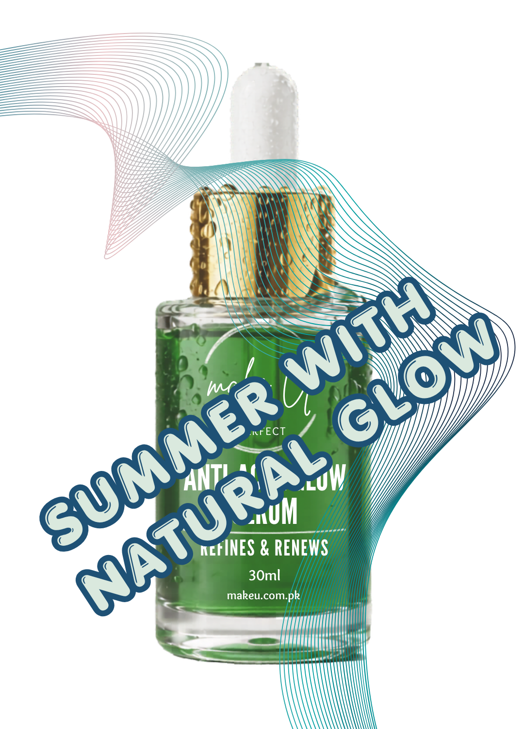 Green bottle with gold cap on a white background, featuring text about summer glow and natural effects.