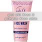 Pink face wash tube with text on a white background