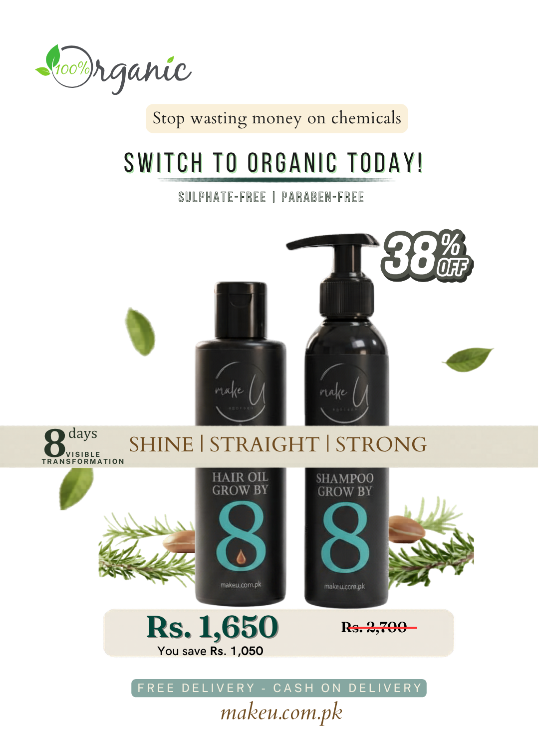 Makeu Organic hair care product set with promotional text on a white background