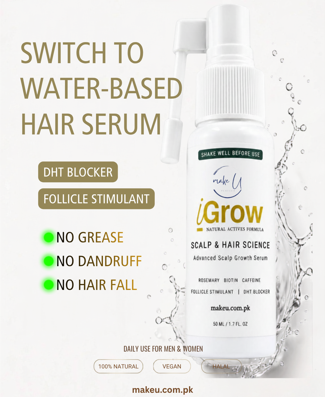 iGrow water-based scalp growth serum bottle by makeU Pakistan
