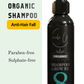 Organic shampoo bottle with branding and product details on a light green background