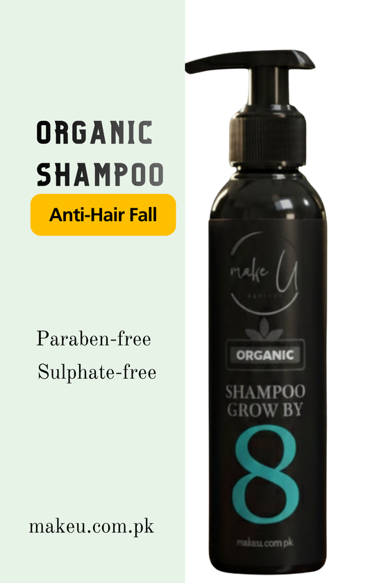 Organic shampoo bottle with branding and product details on a light green background