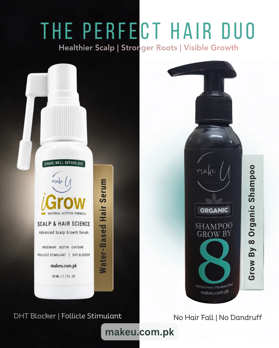 iGrow scalp growth serum aur Grow By 8 organic shampoo hair care duo by makeU